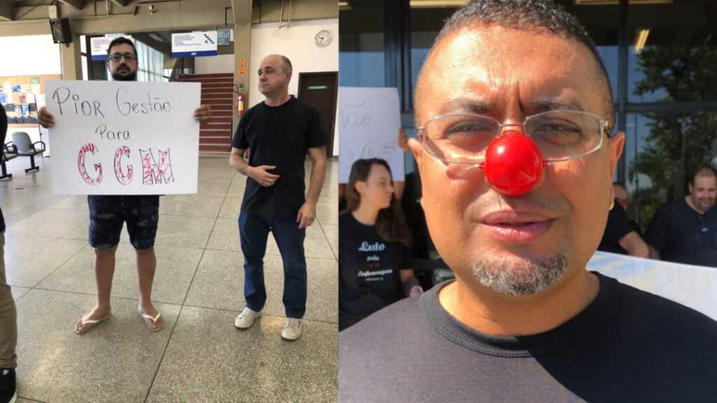 com-nariz-de-palhaco,-servidores-protestam-contra-fim-de-folga-de-24h-em-nova-odessa